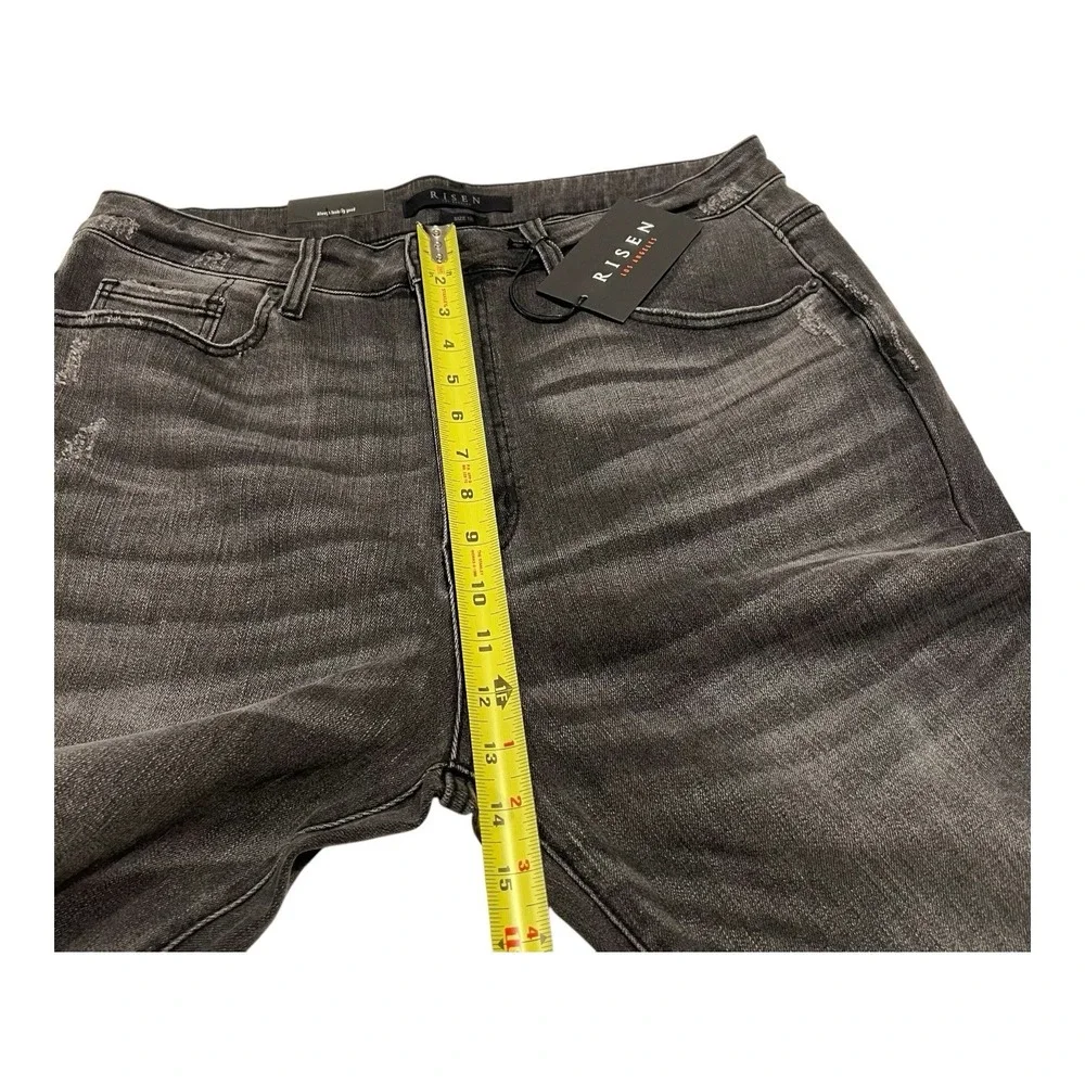 NWT Risen Womens 1XL Flare Jeans Black Acid Wash High Rise Raw Hem Stretch Denim